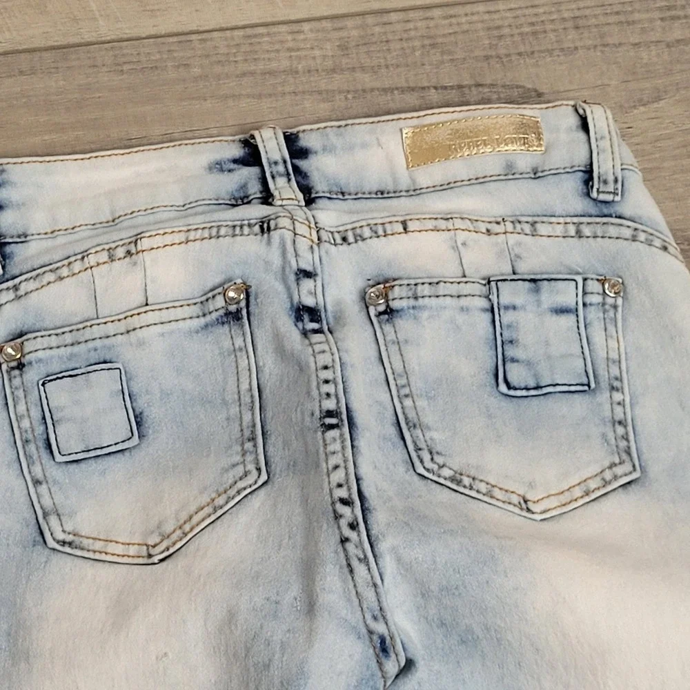 🔥Rebel Love Womens Skinny‎ Jeans 5/6 Distressed Blue Denim Y2K Retro Patches